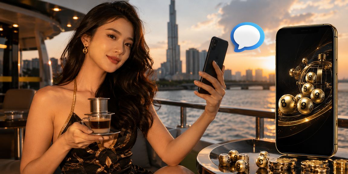 Người dùng tại TP.HCM kiểm tra kết quả và số dư tài khoản trên điện thoại khi uống cà phê