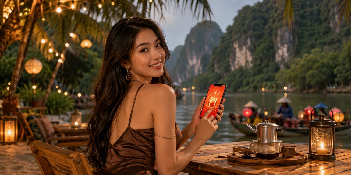 Người dùng nhận thưởng đỏ khi tải app 1008 tại Ninh Bình bên ly cà phê sáng