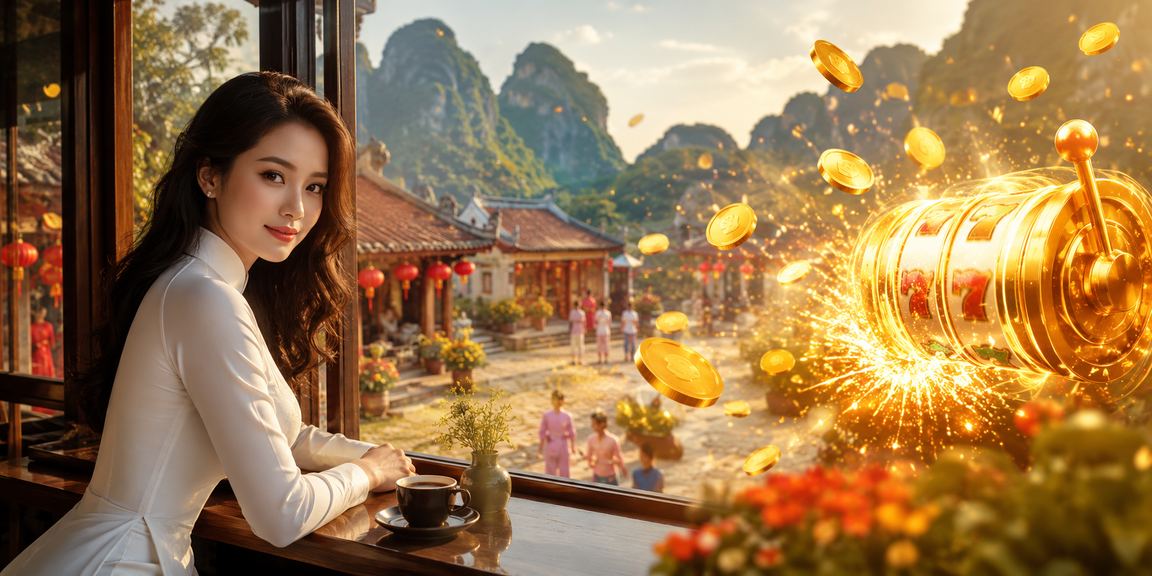 Người chơi trải nghiệm game slots tại Ninh Bình với trang phục áo dài truyền thống Việt Nam